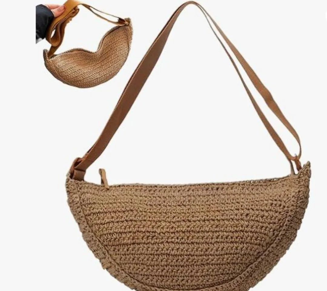 Straw Crossbody Bag, chic half moon bag with adjustable strap image indicator(4)