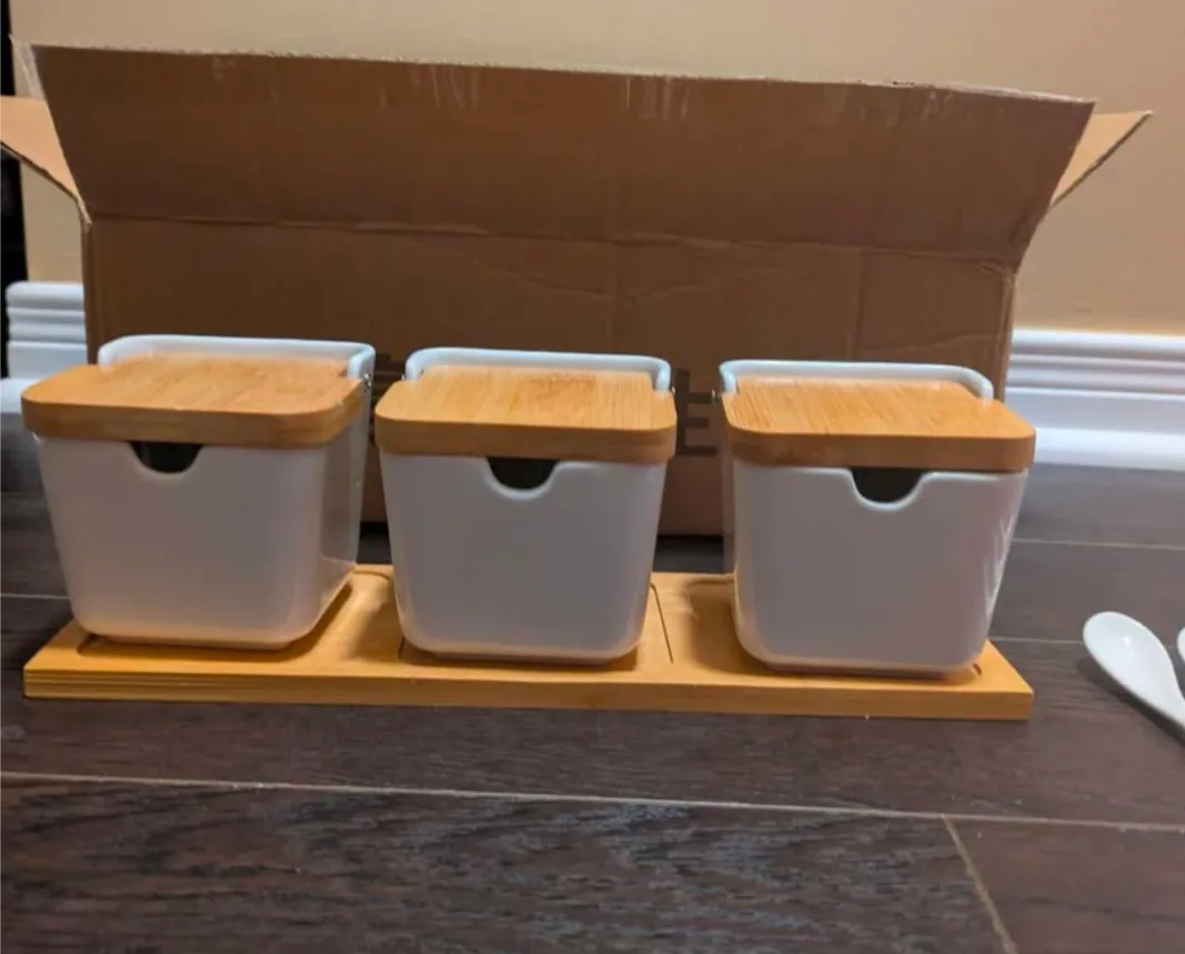 brand new White Ceramic Spice Jar Set with Bamboo Lids image indicator(4)