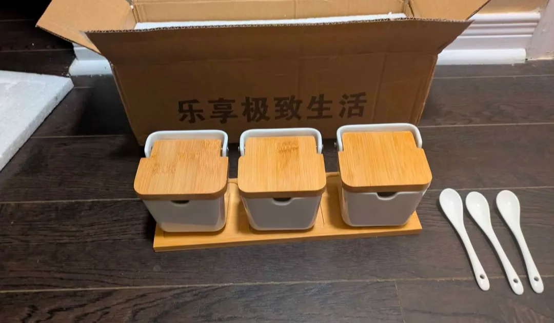 brand new White Ceramic Spice Jar Set with Bamboo Lids image indicator(7)