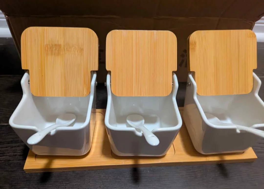 brand new White Ceramic Spice Jar Set with Bamboo Lids image indicator(8)