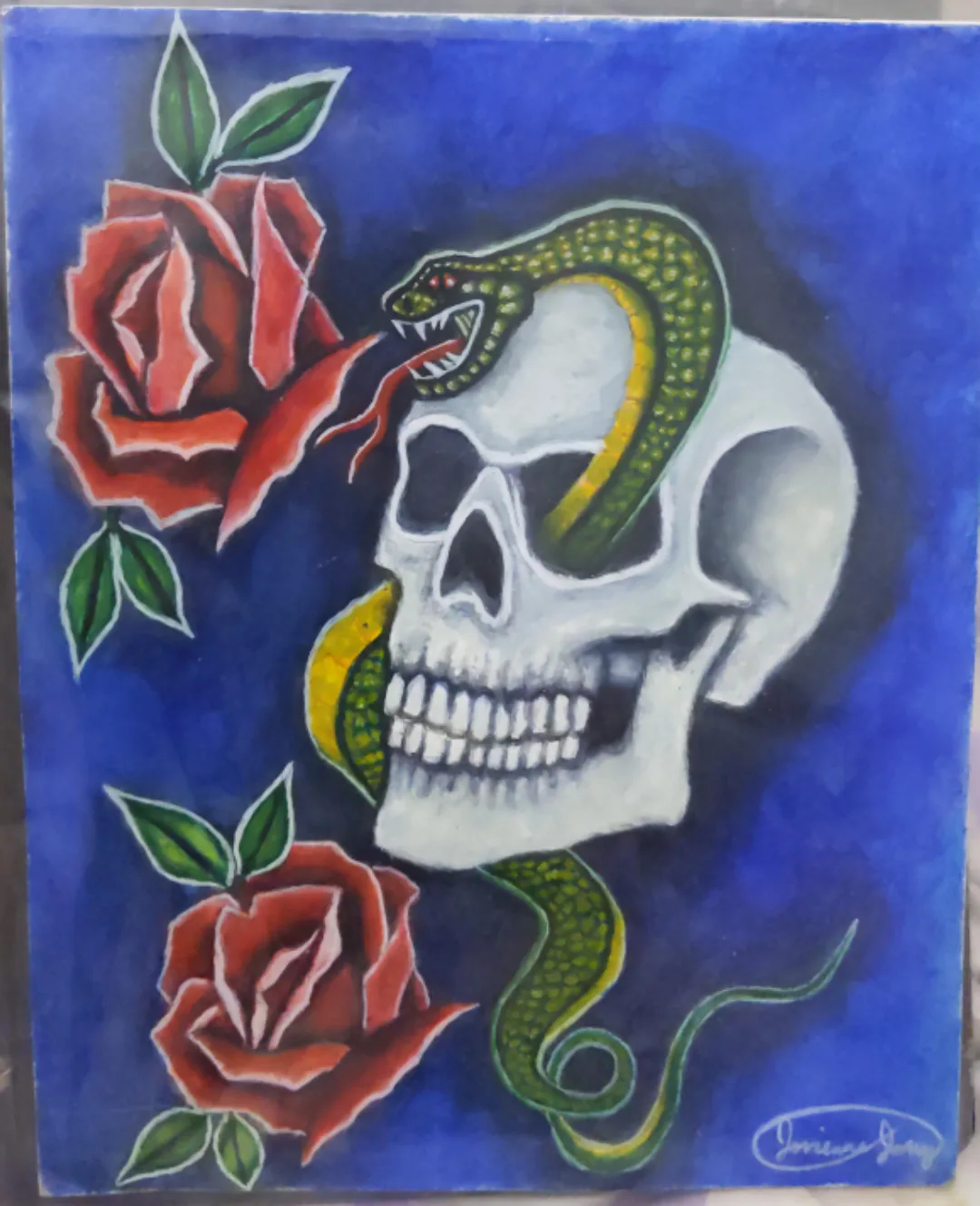 Original Skull and Roses watercolor Painting thumbnail