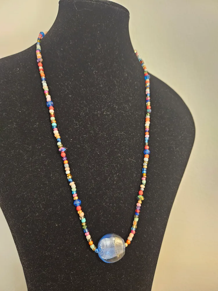Handmade Beaded Necklace with Blue Glass Pendant thumbnail