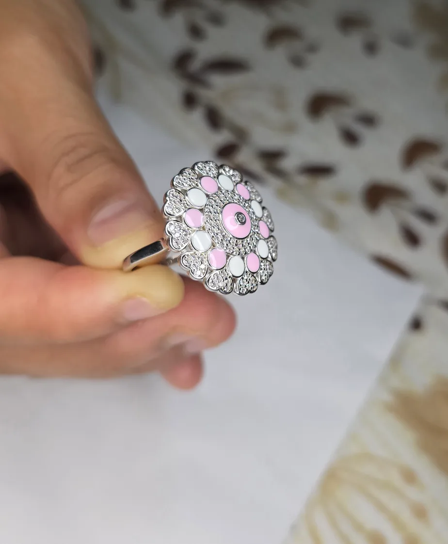 Flower Ring - Pink, White, Silver Ring, Size -8 thumbnail