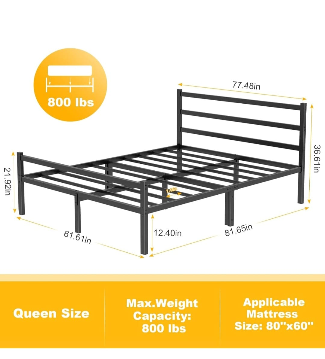 Queen Size Metal Bed Frame - Black - photo 3