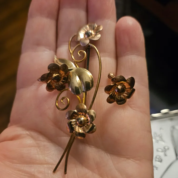 Art.Nouvean  style' pin brooch  earrings set. thumbnail