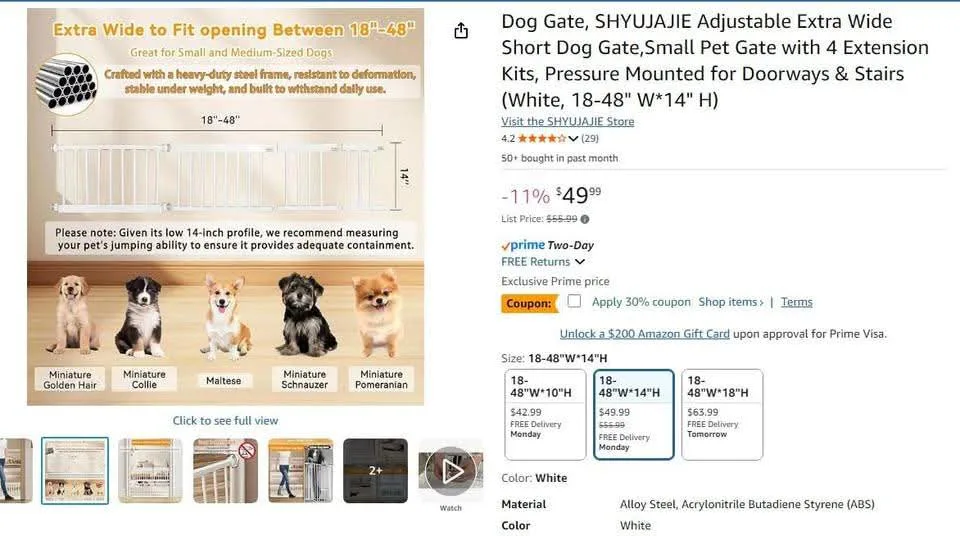 New~Small Pet Gate,4 Extensions,Pressure Mount,(18-48" W- 14" H) image indicator(6)