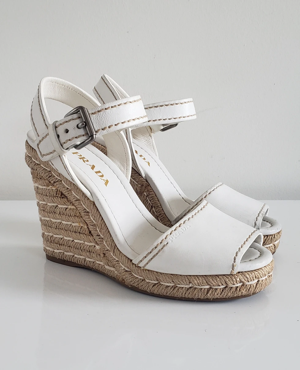 Prada White Leather Espadrille Wedge Heel Sandals