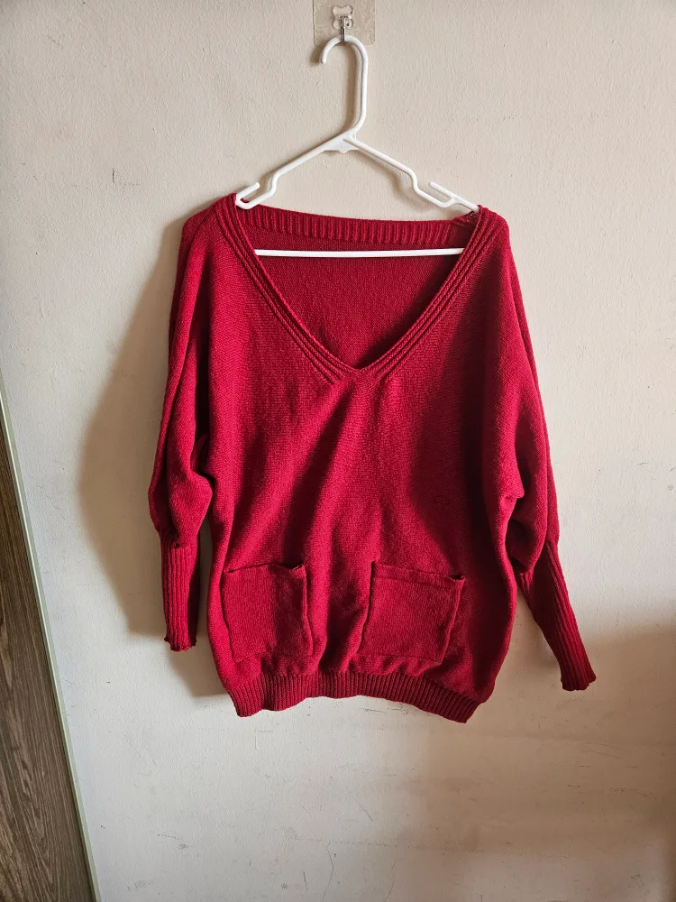 Red V-Neck Knit Sweater thumbnail