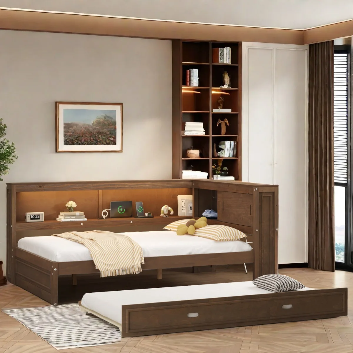 Brown Wooden Daybed with Trundle thumbnail