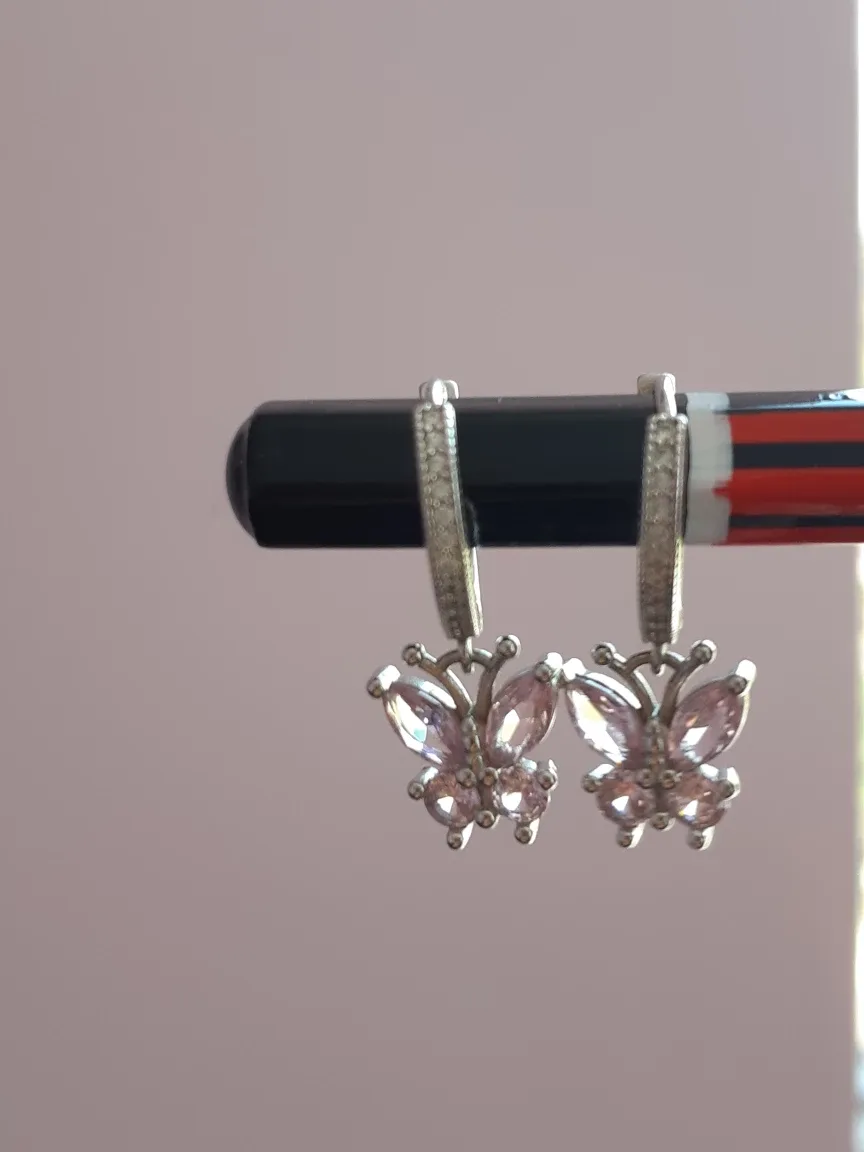 Sterling Silver Butterfly Drop Huggie Earrings - Pink thumbnail
