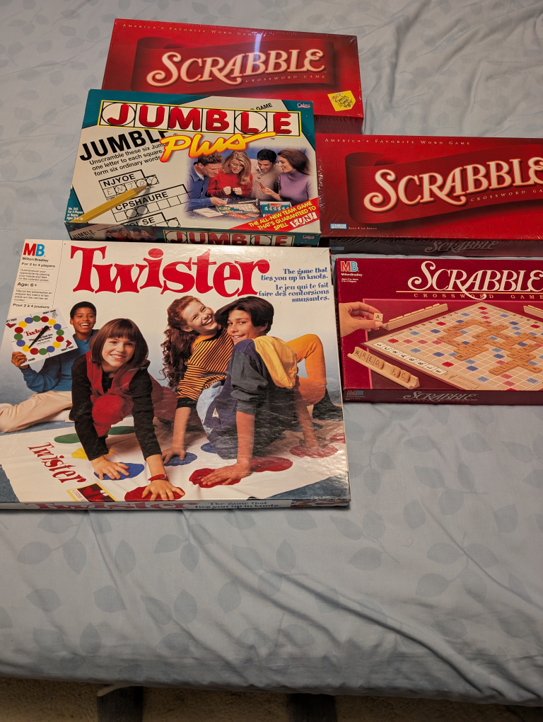 Board Games: Scrabble, Jumble Plus, Twister