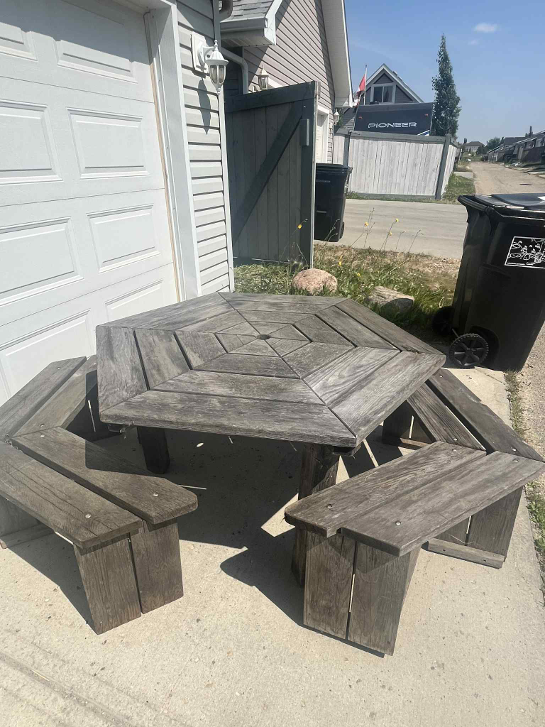 Wooden picnic table with benches
