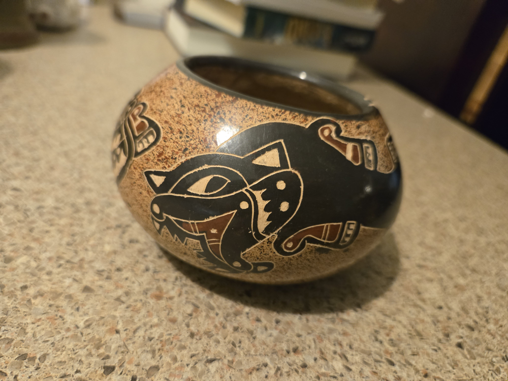 Handcrafted Pottery Bowl with Cat Design, some wear
