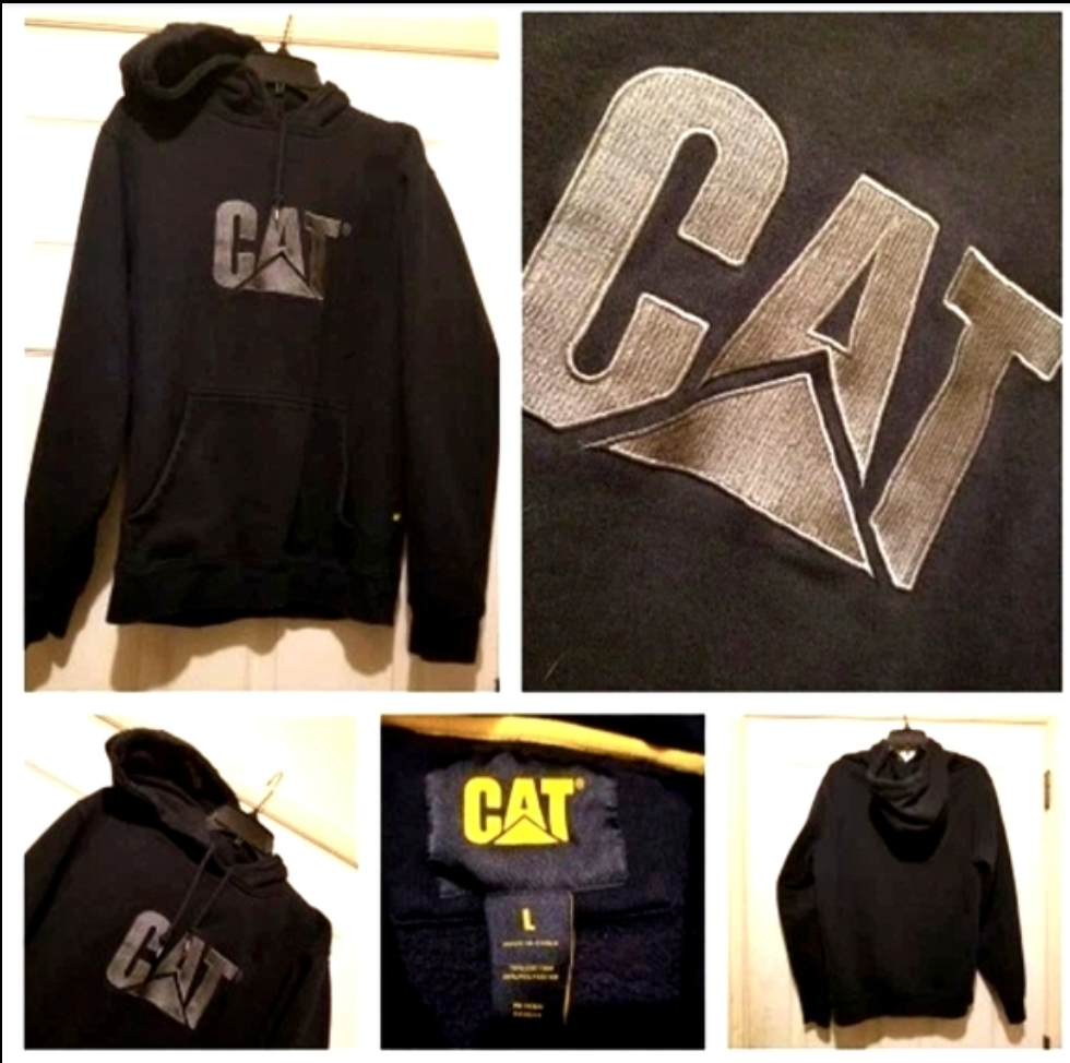Caterpillar Hoodie Mens Large Black Construction Sweatshirt CAT