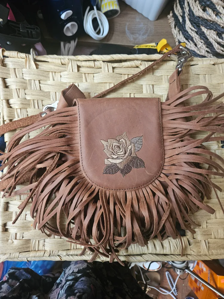 Brown Fringe Crossbody Bag with Rose Design thumbnail