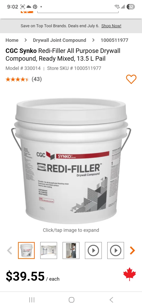 CGC Synko Redi-Filler Drywall Compound - 13.5 L thumbnail