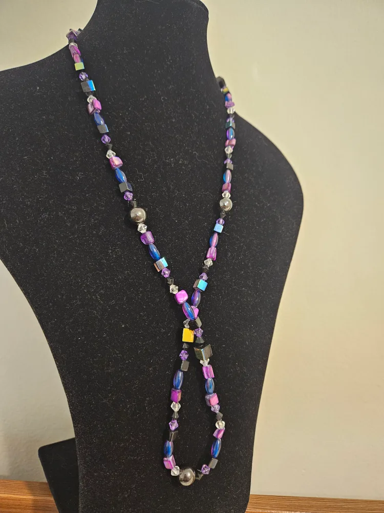 Beaded Necklace - Purple, Black, Silver thumbnail