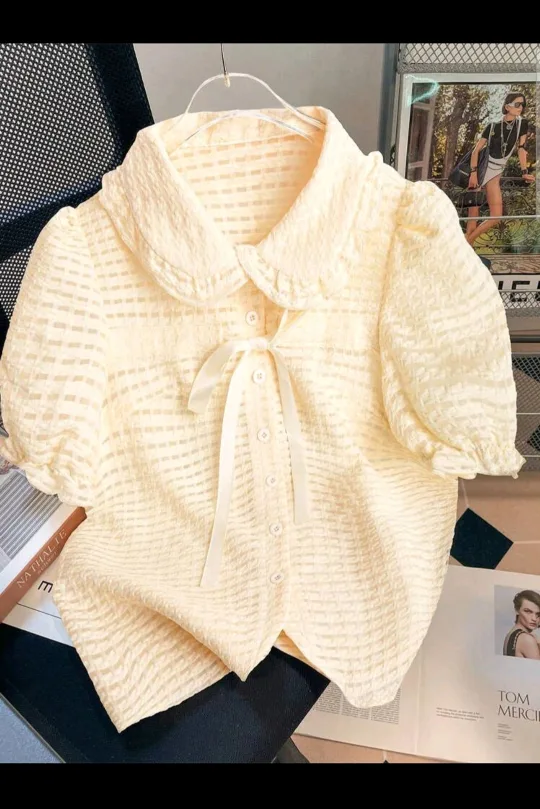 Celisse Elegant Jacquard Puff Sleeve Bow Detail Shirt thumbnail