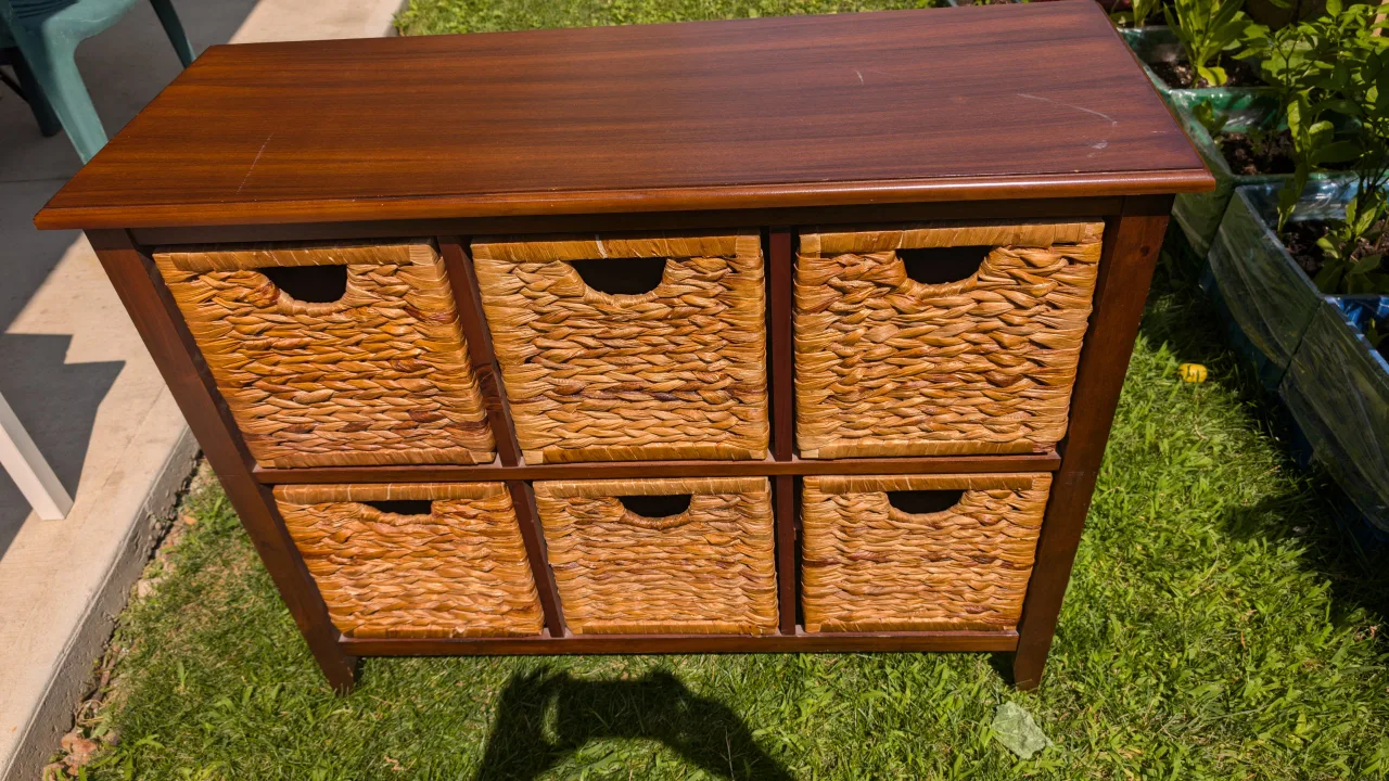 Brown Wood Cabinet with Wicker Baskets thumbnail