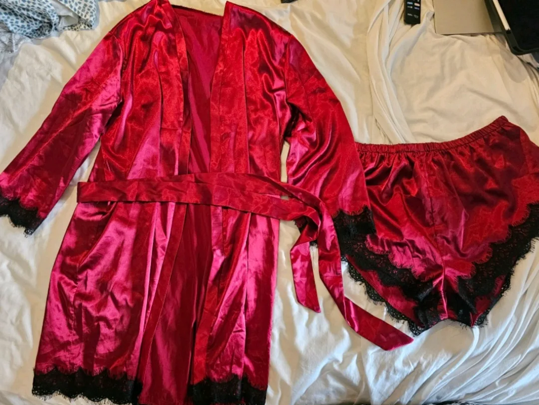 Red Satin Robe and Shorts Set thumbnail
