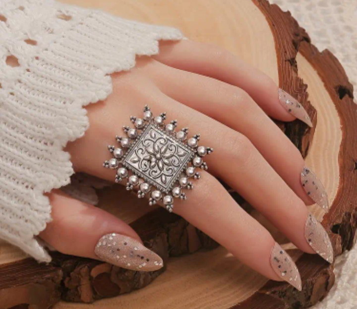Silver Tone Geometric Statement Ring