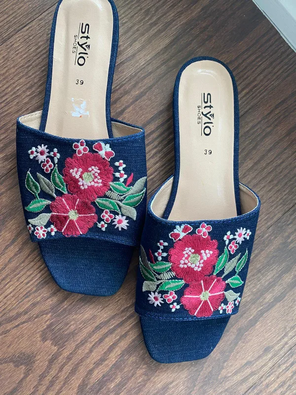 Stylo Shoes Floral Denim Slides - Size 39 thumbnail