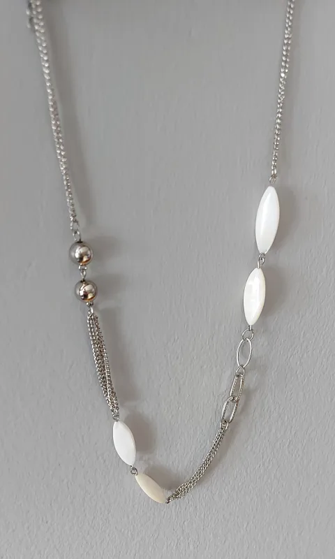 Silver Tone Necklace with White Beads thumbnail