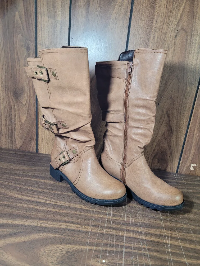 Codia Tan Knee-High Boots with Buckle Detail thumbnail