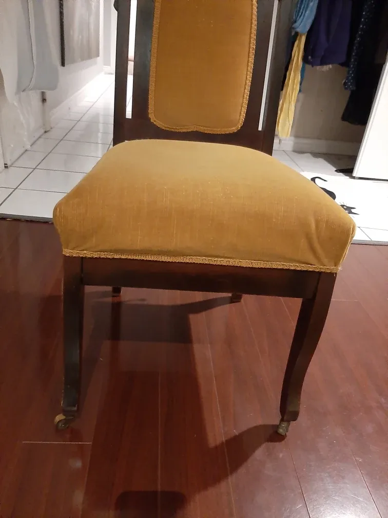 Antique Wooden Chair with Mustard Yellow Velvet Upholstery image indicator(7)