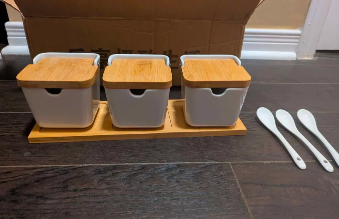 brand new White Ceramic Spice Jar Set with Bamboo Lids image indicator(5)