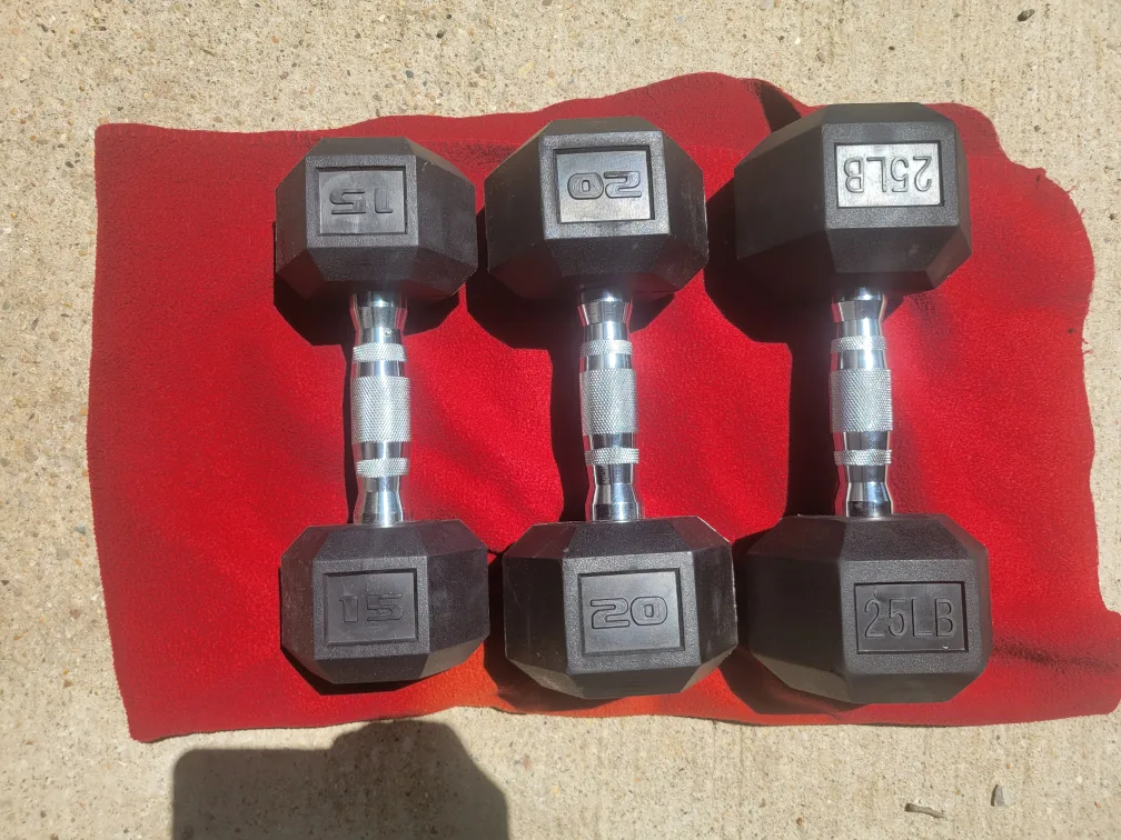 SINGLE  15LB.  20LB   25LB. RUBBER COATED HEXHEAD DUMBBELLS thumbnail
