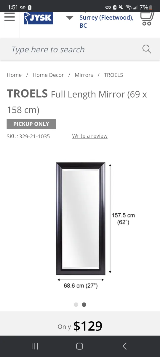 White Full Length Mirror (27"x62") thumbnail