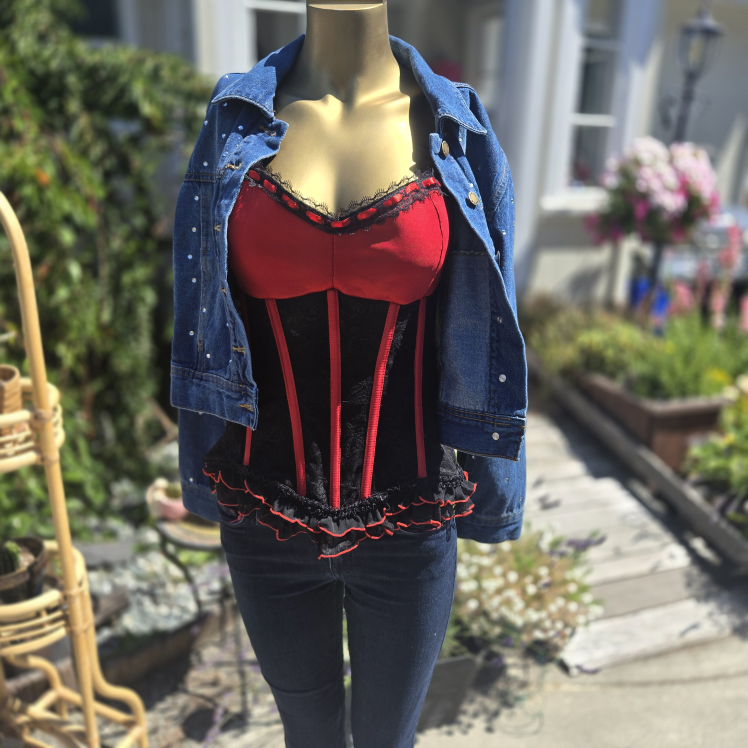 Red Satin and Black Lace Ribbed Corset Size XL