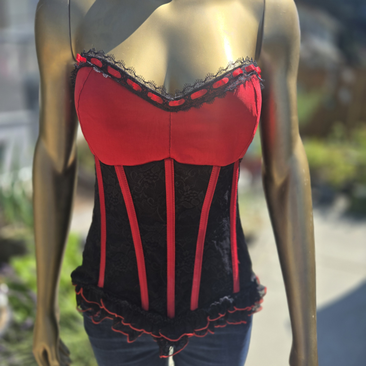 Red Satin and Black Lace Ribbed Corset Size XL - photo 3