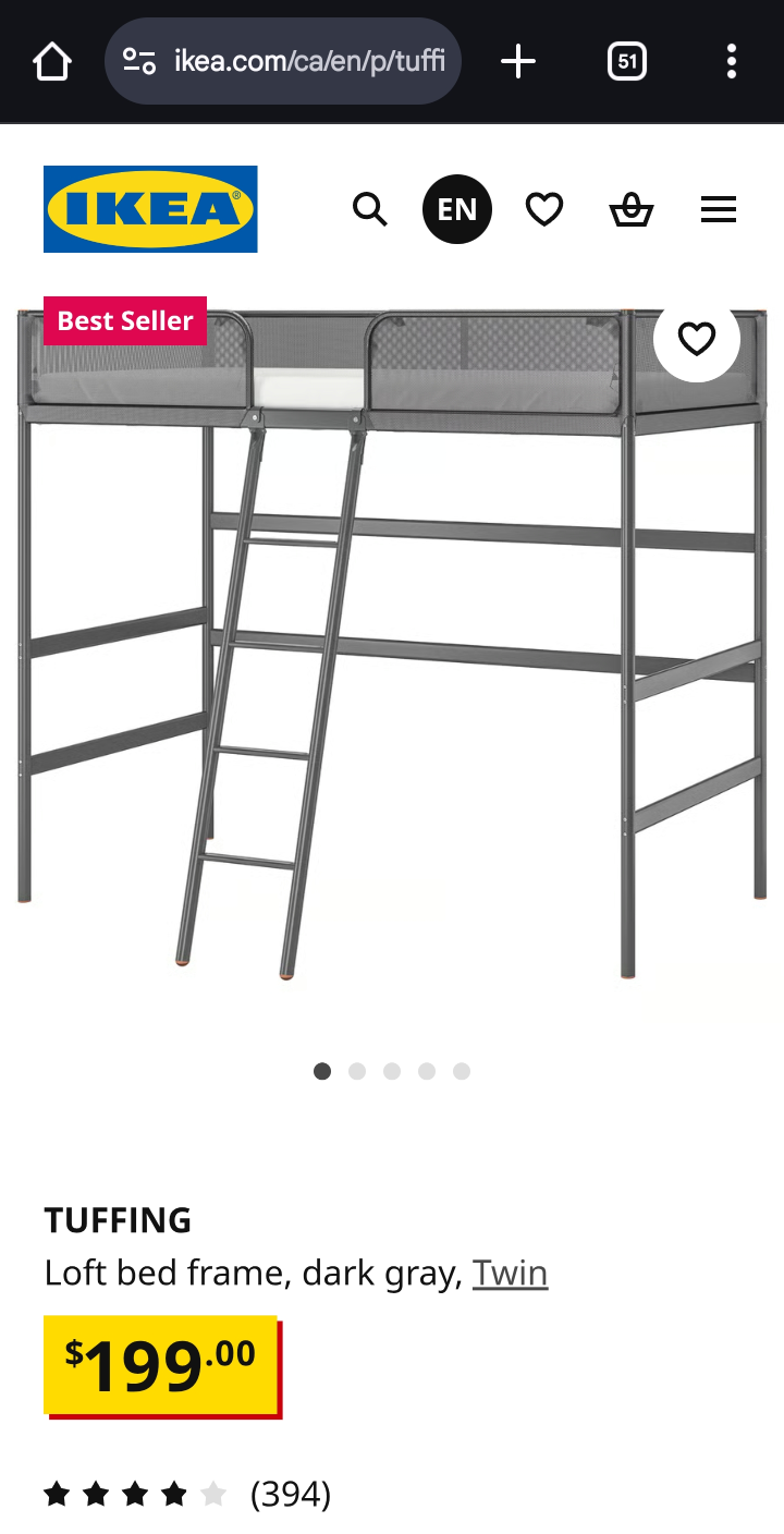 IKEA TUFFING Loft Bed Frame - Dark Grey