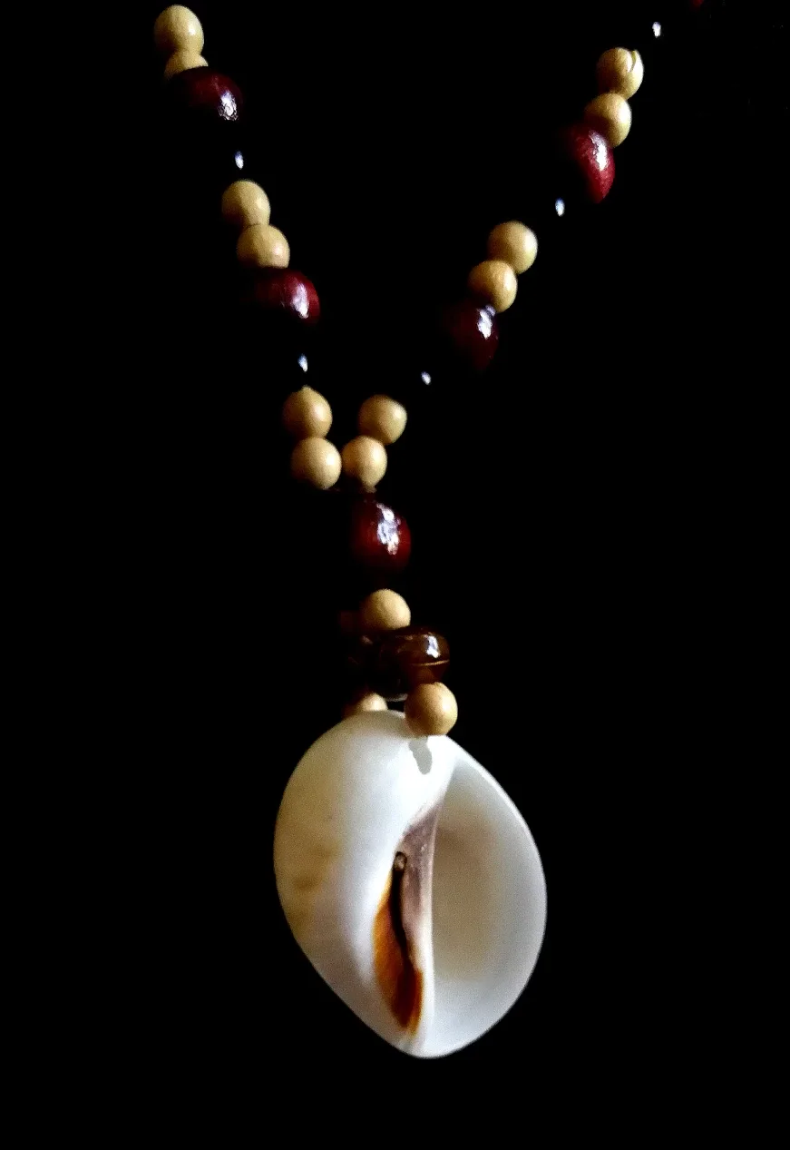 Vintage Wood Beaded Necklace with Shell Pendant image indicator(2)