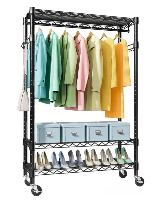 Rolling Garment Rack with Shelves - Black thumbnail