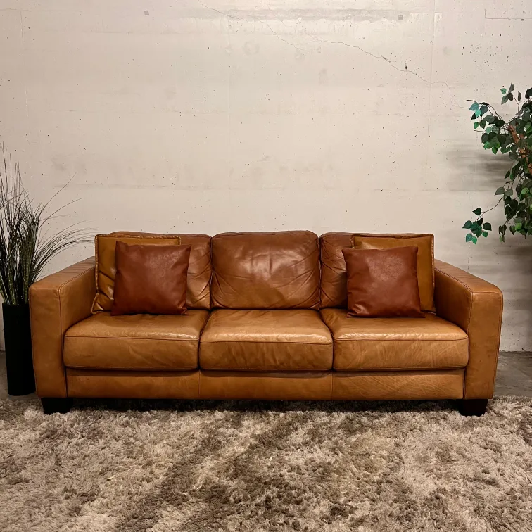 Moe's cognac distressed leather sofa. 3 seater couch  Delivery thumbnail