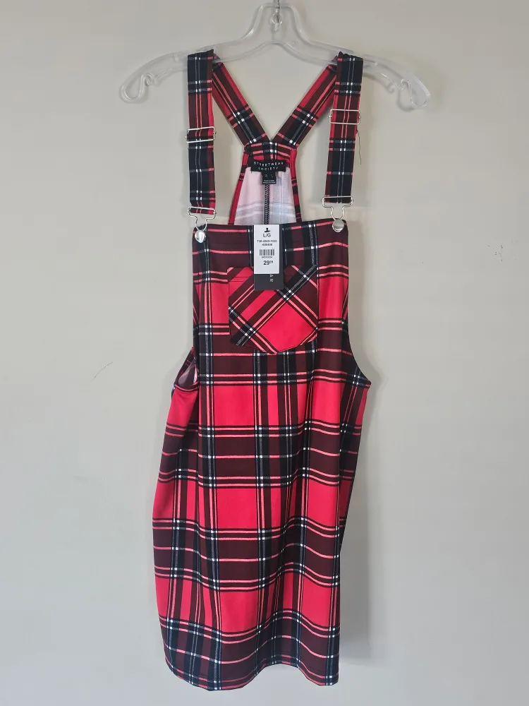 Streetwear Society Red Plaid Overalls Dress - L thumbnail