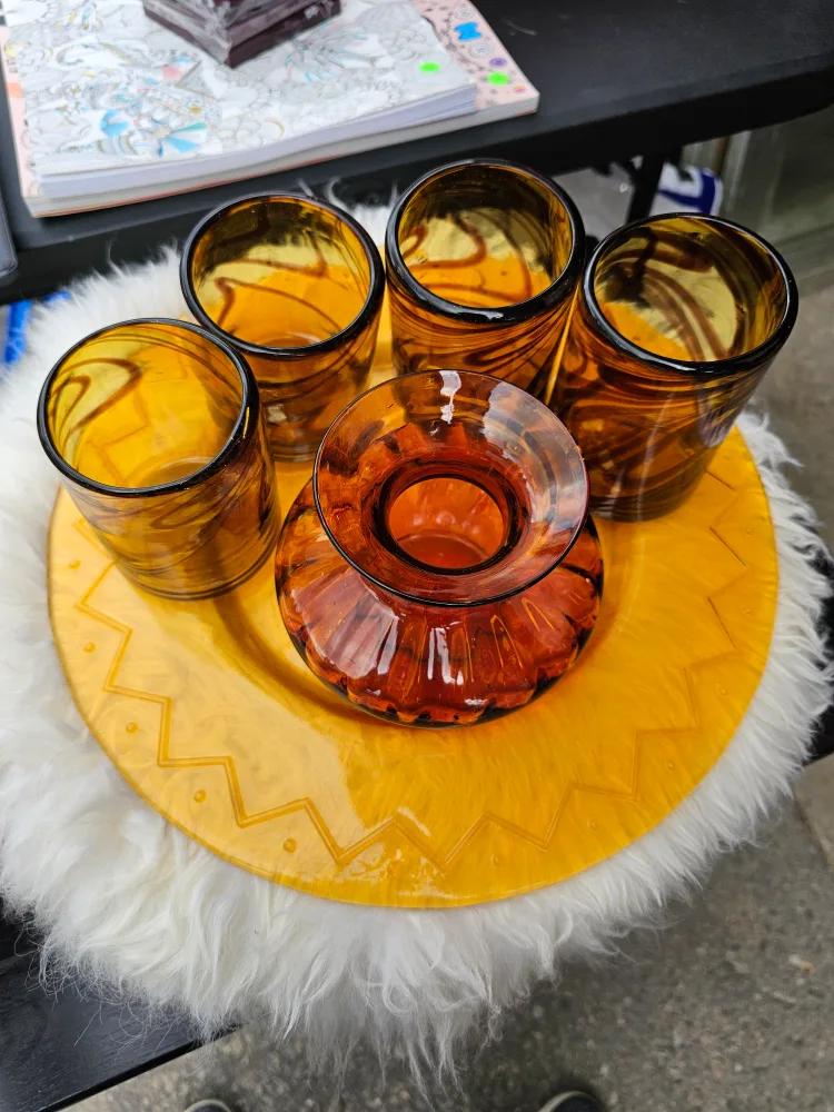 Vintage Amber Glass Set: Vase & 4 Glasses & Serving Plate thumbnail