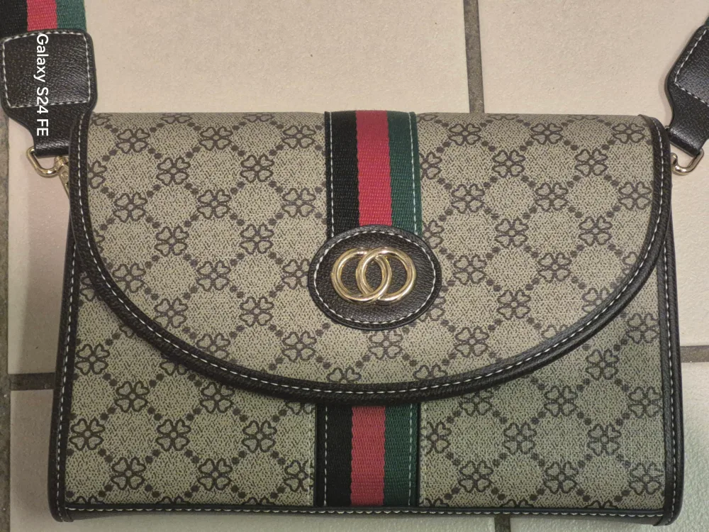 Patterned Crossbody Bag with Striped Strap image indicator(5)