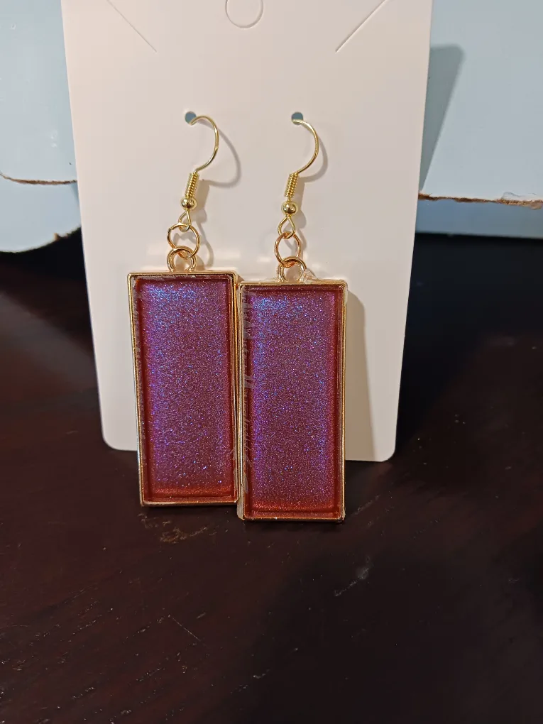 Handmade Rectangular Resin Earrings - Gold & Purple