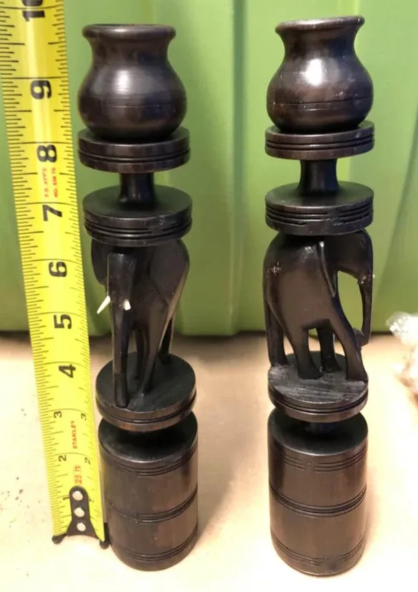 Hand Carved Ebony Wood Elephant Totem Candle Holders. TANZANIA thumbnail