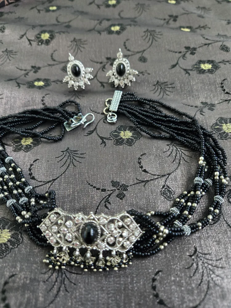 Black Beaded Necklace & Earring Set thumbnail