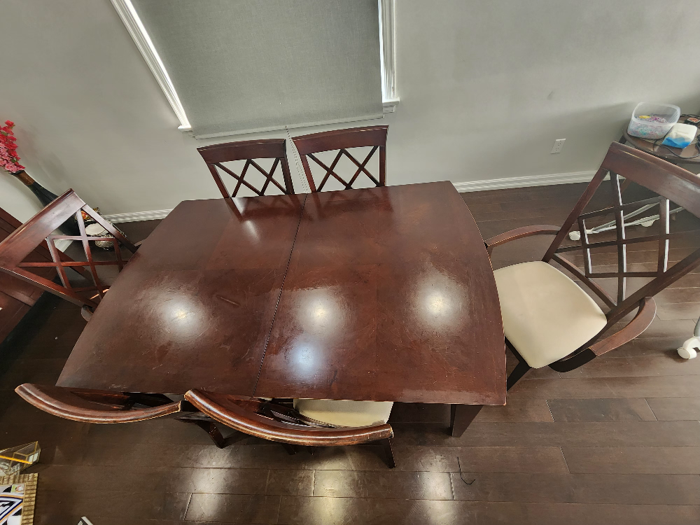 Dining table with 6 chairs and dresser with mirror