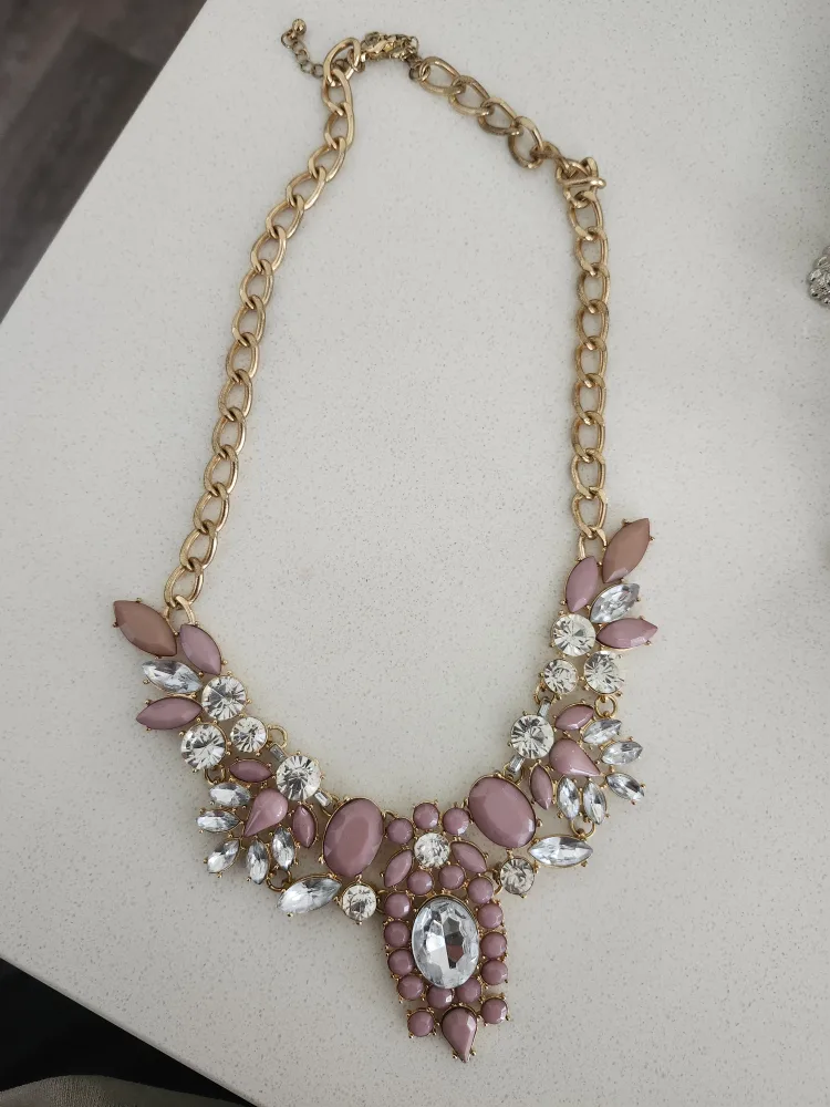 Statement Necklace - Gold Tone with Pink & Clear Stones thumbnail