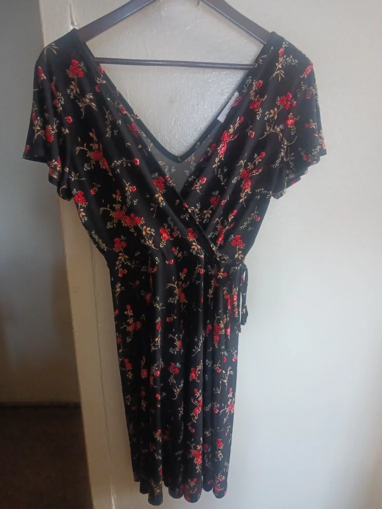 🥕🥕🥕Kaileigh Floral Wrap Dress - Black with Red Flowers image indicator(2)
