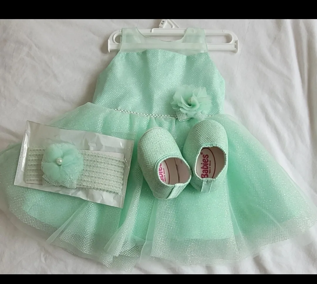 5 months Mint Green Baby Dress with Shoes & Headband image indicator(4)