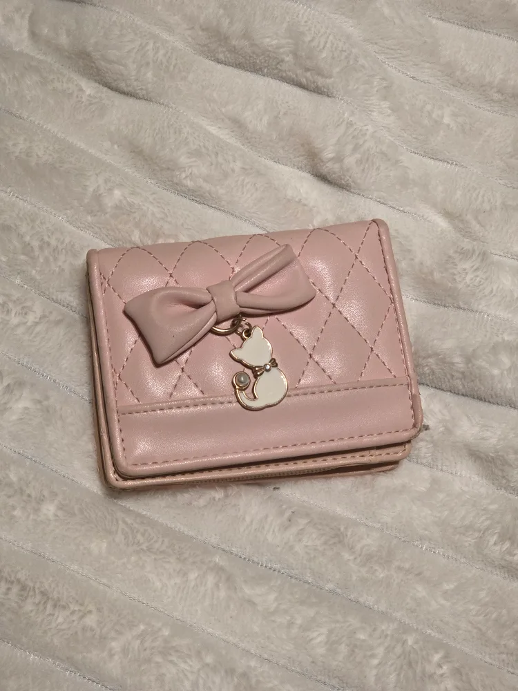 Pink Quilted Wallet with Bow & Cat Charm thumbnail