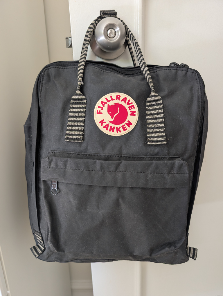 Fjallraven Kanken Backpack - Dark Grey, striped handles